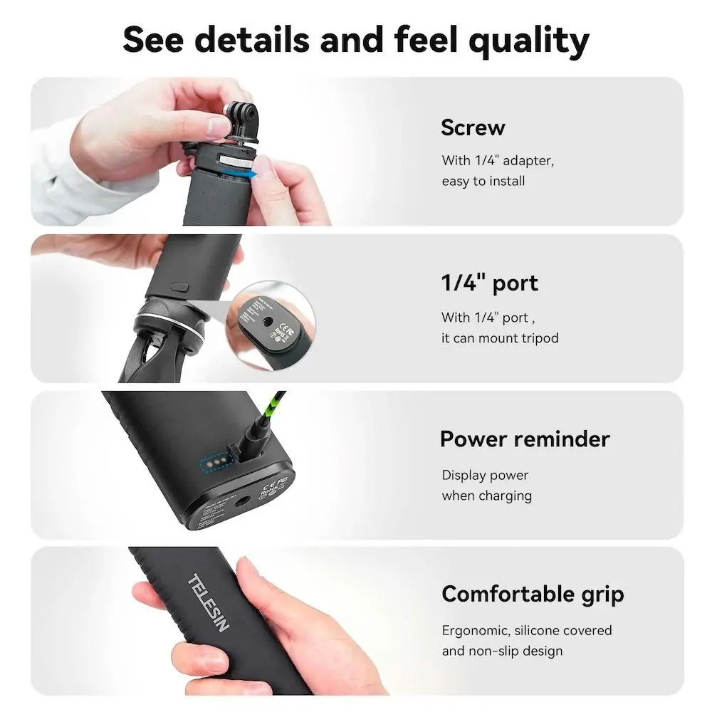 TELESIN 10000mAh Rechargeable Selfie Stick for Action Cameras
