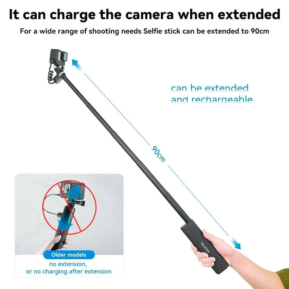 TELESIN 10000mAh Rechargeable Selfie Stick for Action Cameras