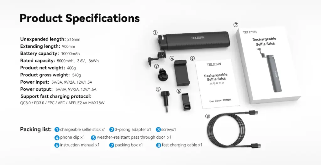 TELESIN 10000mAh Rechargeable Selfie Stick for Action Cameras