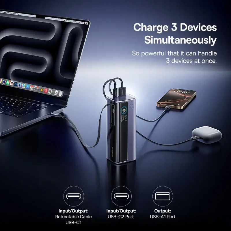 E0027A01 Baseus EnerGeek GR11 Power Bank 10000mAh 100W with Retractable Cable – Grey