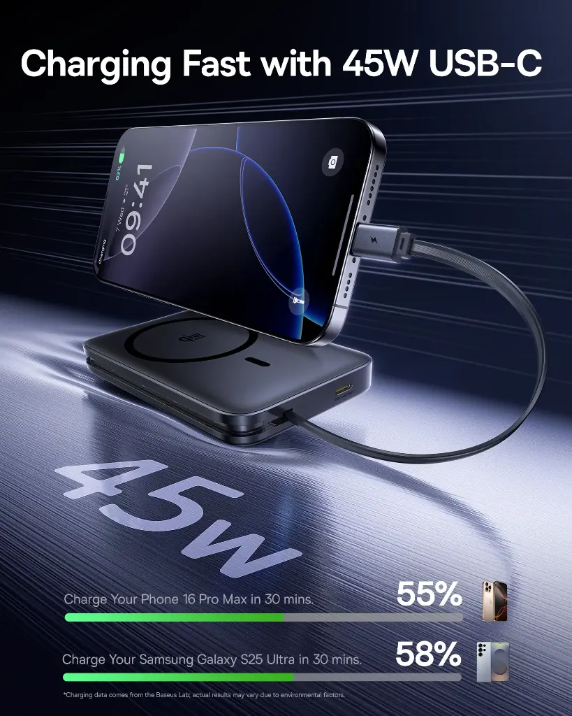 E0028V00 Baseus PicoGo AM61 Qi2.2 Magnetic Power Bank with Built-in Cable 10000mAh 45W