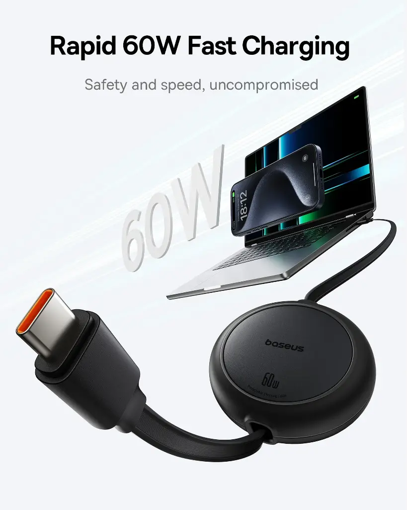 P10364500111-01 Baseus Free2Pull Mini 1m USB-C to USB-C 60W Charging Cable – Black