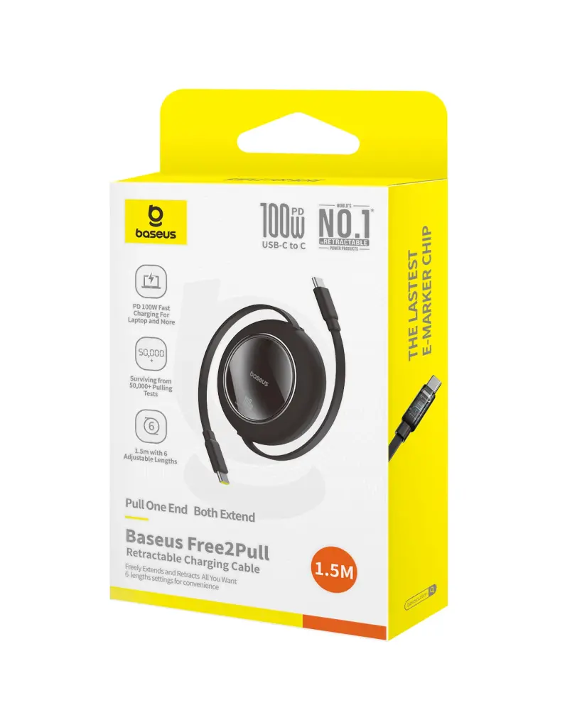 P10364500113-00 Baseus Free2Pull Mini 1.5m USB-C to USB-C 100W Retractable Cable – Black